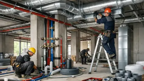 hkls-sanitaer-gebaeudetechnik Monteure bei Arbeiten an Lüftungskanälen, Rohrleitungen und technischer Gebäudetechnik in einem Rohbau