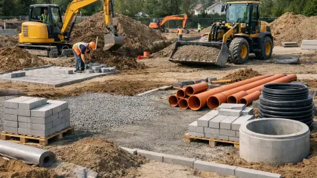 tiefbau-aussenanlagen-baustelle Tiefbaustelle mit Bagger, Radlader, Kanalrohren, Pflastersteinen und vorbereitetem Untergrund für Außenanlagen