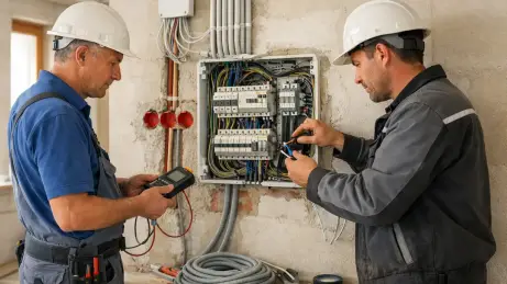 Gebäude und Energietechnik Zwei Elektroinstallateure bei Mess- und Reparaturarbeiten auf einer Baustelle