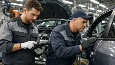Produktionspersonal für die Automobilindustrie aus Osteuropa an einer Fertigungslinie