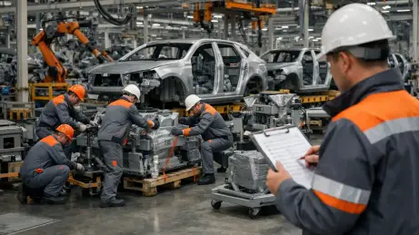 Automotive Linienumbau Montageteam bei der Verlagerung einer Fertigungsanlage in der Automobilindustrie