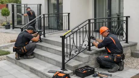 Bauschlosserei am Gebäude Bauschlosser aus Polen bei der Montage von Geländern und Metallelementen an einem Gebäude