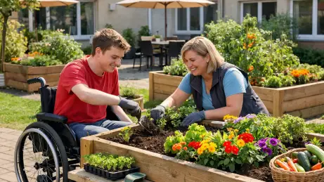 Betreuungskraft begleitet Bewohner einer Wohngruppe bei der Gartenarbeit