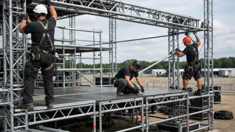 Bühnen- und Tribünengerüst bei einem Outdoor-Event im Aufbau