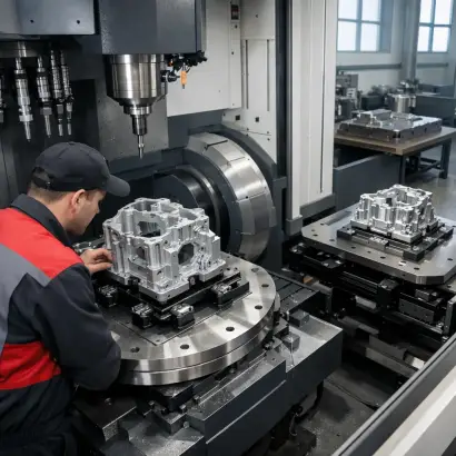CNC-Fräser aus Polen richtet ein Werkstück in einem 5-Achs-Bearbeitungszentrum ein