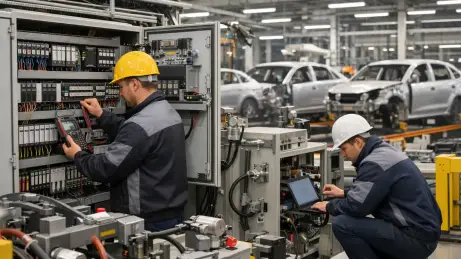 Elektriker und Elektroniker bei der Instandhaltung einer Fertigungslinie in der Automobilproduktion