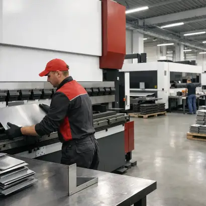 CNC-Abkanter aus Polen bei der Blechbearbeitung an einer Gesenkbiegepresse