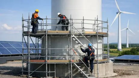 Gerüst am Fundament einer Windkraftanlage mit Fachkräften für sichere Montagearbeiten