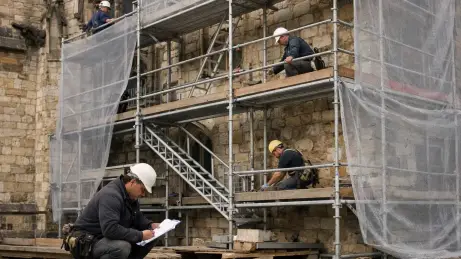 Gerüst an einer historischen Kirche bei Restaurierungsarbeiten