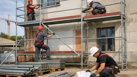 Gerüstbauer aus Polen beim Aufbau eines Fassadengerüsts an einem Wohngebäude