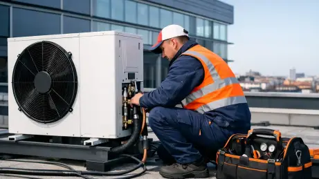 Heizungstechniker aus Polen bei der Installation einer Wärmepumpe