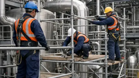 Industriegerüst in einer Chemieanlage mit Gerüstbauern in Schutzausrüstung
