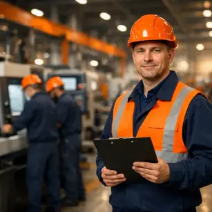 Industriemeister aus Polen koordiniert sein Team in einer modernen Produktionshalle