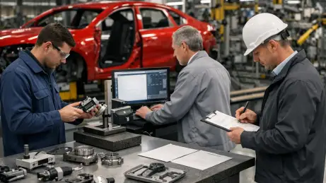 Ingenieure und Qualitätstechniker bei technischer Abstimmung in einer Automobilproduktion mit rotem Fahrzeug im Hintergrund