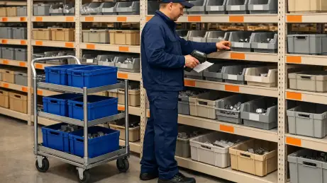 Kommissionierer aus Polen stellt Bauteile nach Stückliste für die Produktion zusammen