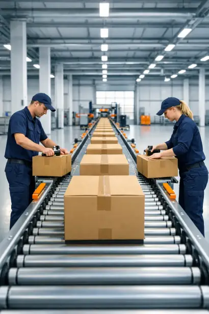 Produktionshelfer verpacken fertige Produkte am Ende einer Fertigungslinie