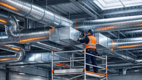 Lüftungstechniker aus Osteuropa bei der Montage einer Lüftungsanlage
