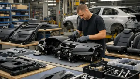 Mitarbeiter bei der Vormontage von Fahrzeugkomponenten in der Vorproduktion