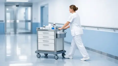 Pflegefachkraft auf dem Stationsflur eines modernen Krankenhauses