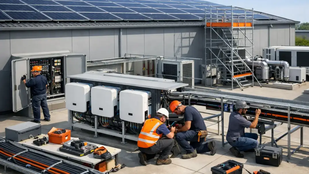 Solarprojekt mit mehreren Gewerken Koordinierte Photovoltaik-, Elektrotechnik- und Gebäudetechnikarbeiten an einem modernen Gewerbeobjekt