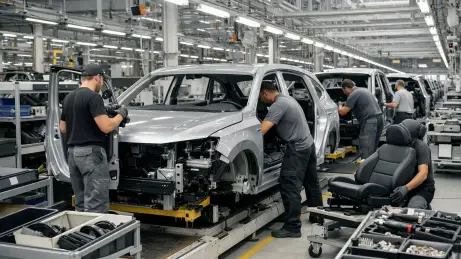 Montagearbeiter bei der Fahrzeugmontage an einer Automobil-Montagelinie