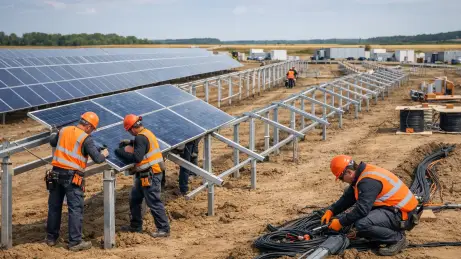 Freiflächenanlagen und Solarparks im Aufbau Montageteam errichtet Modulreihen in einem Solarpark auf freier Fläche