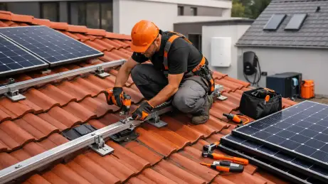 Aufdachmontage im Wohn- und Geschäftsbau Monteur befestigt Dachhaken für eine Photovoltaikanlage auf einem Steildach