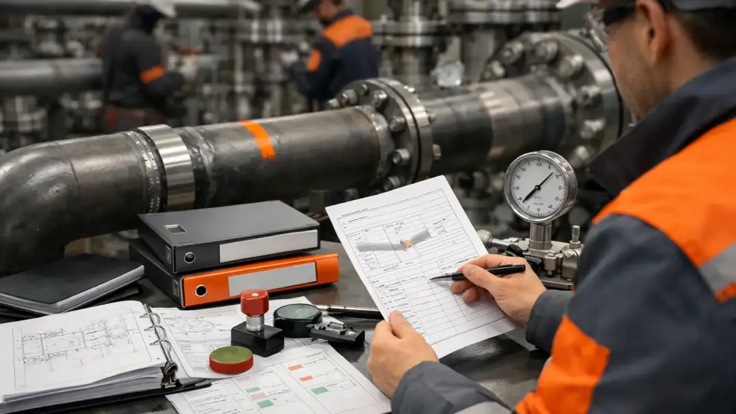 Prüfdokumentation und Qualitätskontrolle im Rohrleitungsbau vor einer Industrieanlage