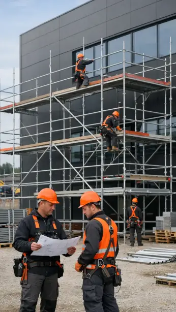 Gerüstbau Kolonne im Einsatz Polnische Gerüstbauer mit Kolonnenführer bei der Montage eines Fassadengerüsts