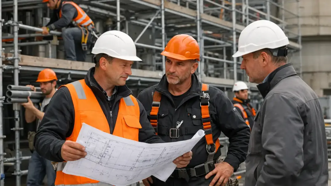 Gerüstbauer Profile im Team Polnische Gerüstbauer mit Kolonnenführer und Meister bei einer Baustellenbesprechung