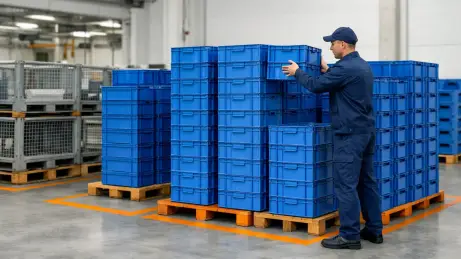 Polnischer Logistikhelfer sortiert und stapelt Leergutbehälter in einem Werksbereich