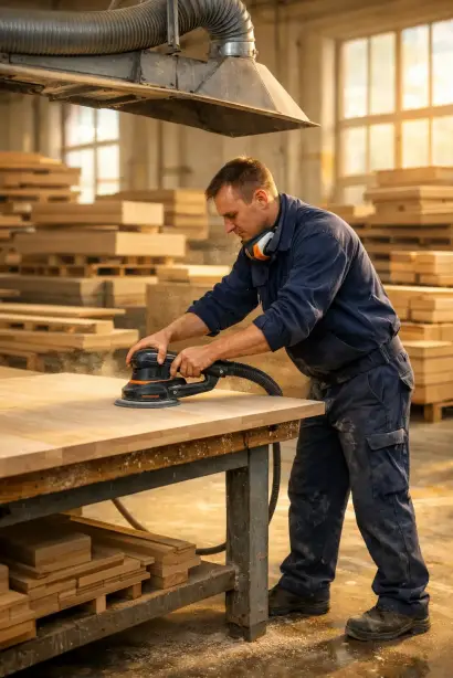 Polnischer Produktionsmitarbeiter beim Schleifen von Holzelementen in einer Möbelfertigung