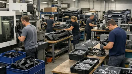Produktionsmitarbeiter und Maschinenbediener fertigen Kunststoff- und Metallkomponenten für die Automobilindustrie