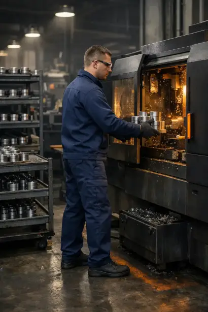 Produktionshelfer aus Polen bei der Maschinenbestückung in der Metallfertigung