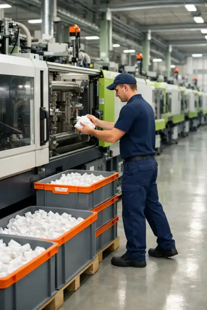 Produktionshelfer entnimmt Kunststoffteile an einer Spritzgussmaschine