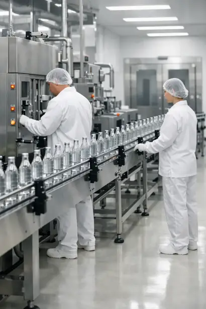 Produktionshelfer an einer Abfülllinie in der Lebensmittelindustrie
