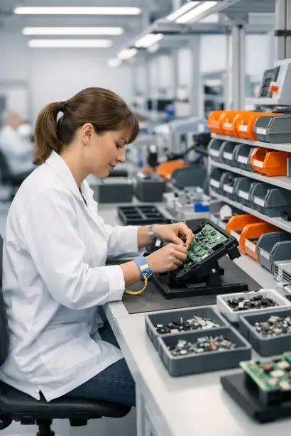 Produktionshelferin bei der Montage elektronischer Baugruppen am ESD-Arbeitsplatz