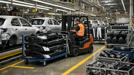 Logistikmitarbeiter versorgt eine Automobil-Montagelinie mit Fahrzeugteilen