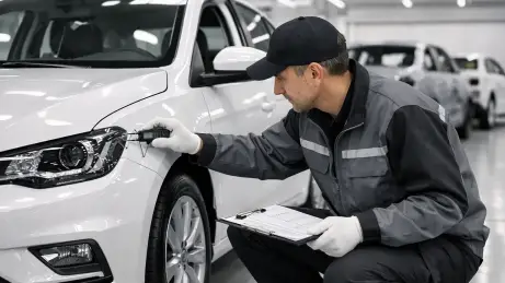 Qualitätsprüfer bei der Endkontrolle eines Fahrzeugs in der Automobilproduktion