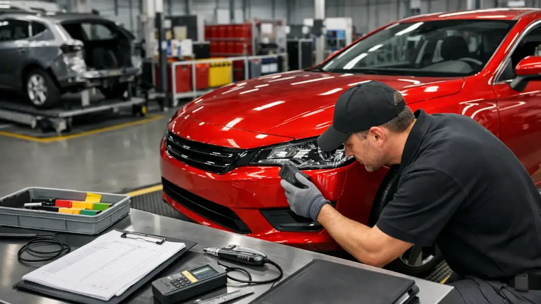 Qualitätsprüfer bei der Endkontrolle eines roten Fahrzeugs in einer Automotive-Prüfzone