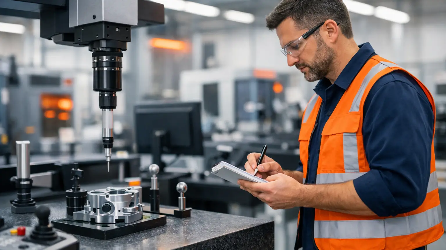 Qualitätstechniker aus Polen bei der Messung und Qualitätsprüfung in einem modernen Fertigungsbetrieb