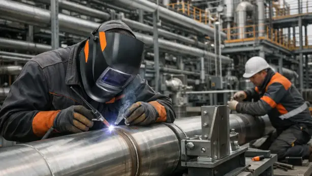 Rohrschweißer beim Verbinden von Prozessleitungen in einer Industrieanlage