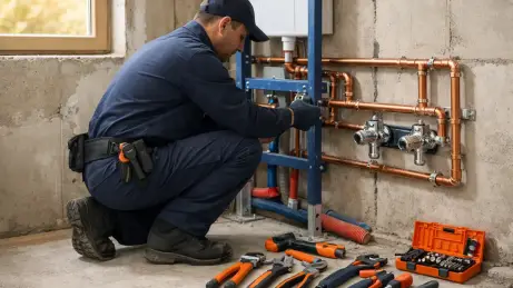 Sanitärinstallateur aus Polen bei der Rohrinstallation im Badezimmer