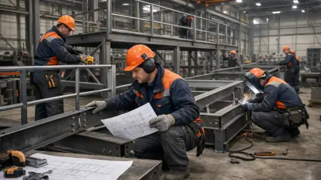 Montage von Stahlkonstruktionen Schlosser aus Polen bei der Montage einer Stahlkonstruktion in einer Industriehalle