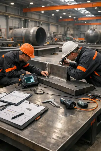 Schweißnahtprüfung und Qualitätssicherung durch NDT-Prüfpersonal an einer Stahlkonstruktion