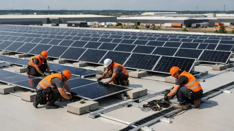 PV-Montage auf Gewerbe- und Industriedächern Solarmonteure bei der Modulmontage auf dem Flachdach einer Industriehalle
