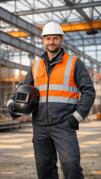 Stahlbauer aus Polen und Osteuropa vor einer Stahlkonstruktion auf der Baustelle
