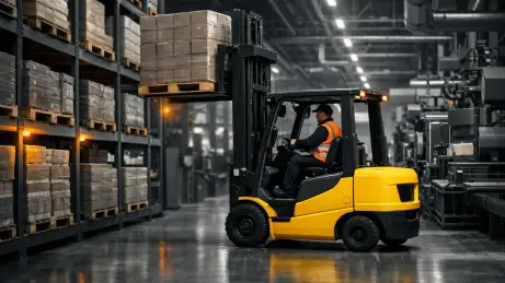 Staplerfahrer transportiert Paletten zwischen Lager und Produktionslinie