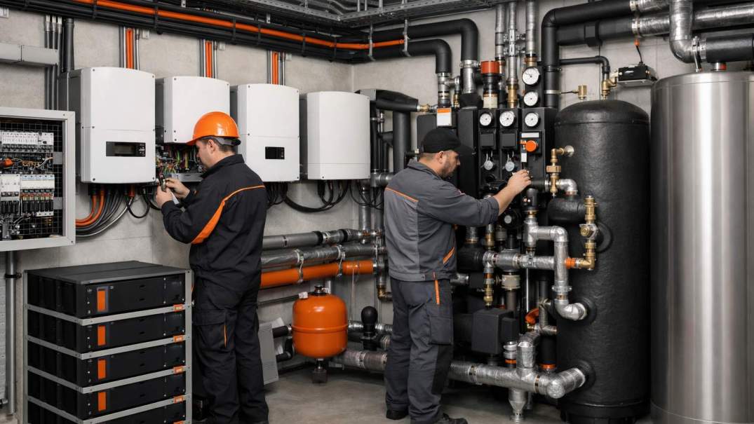 Photovoltaik und Solarthermie im Technikraum Technikraum mit Wechselrichtern, Batteriespeicher, Pufferspeicher und Rohrleitungen für Photovoltaik und Solarthermie
