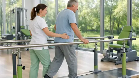 Therapieunterstützung beim Gehtraining in einer Reha-Einrichtung